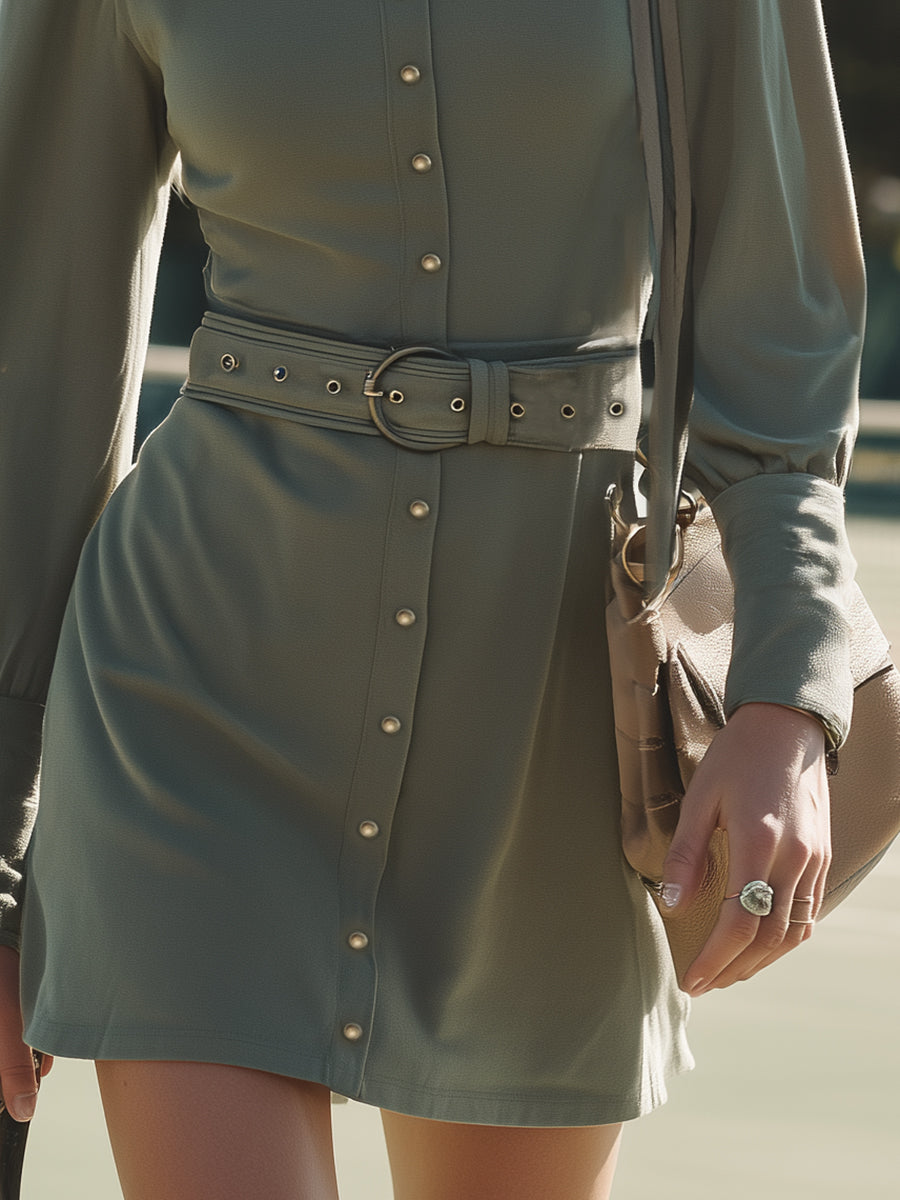 Retro-style Olive Green Stand-up Collar Mini Dress