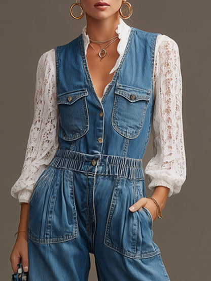 Fashionable Retro Blue Denim Elastic Waist Sleeveless Wide-leg Jumpsuit