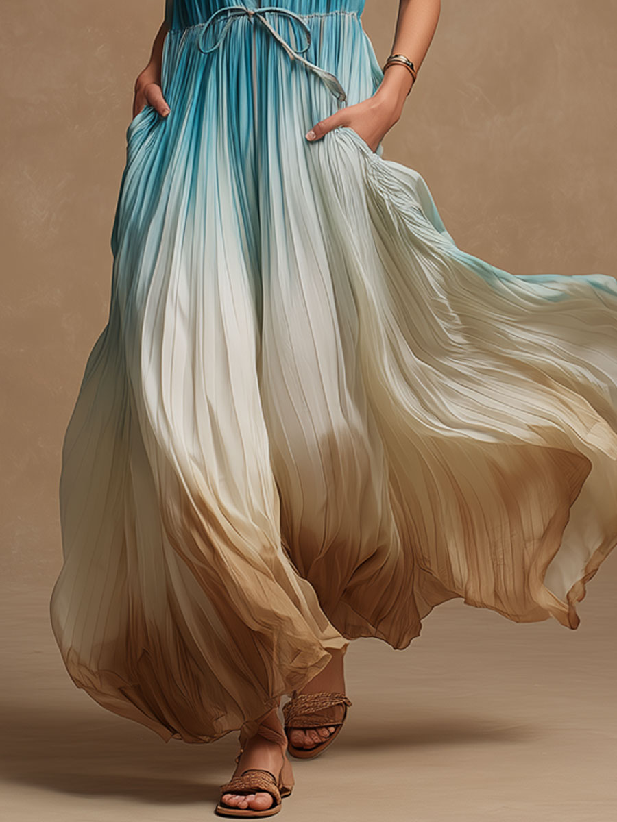 Vacation Retro Blue-Brown Gradient Pleated Chiffon Sleeveless Maxi Dress