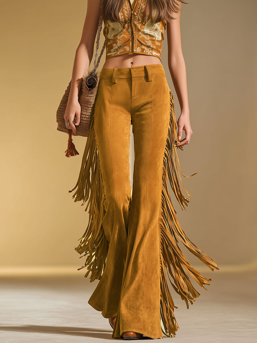 Retro-style Fringed Faux Suede Flared Pants