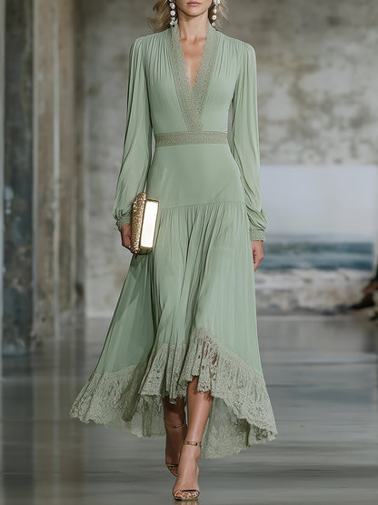 Elegant Green Chiffon V-neck Spliced lace Maxi Dress