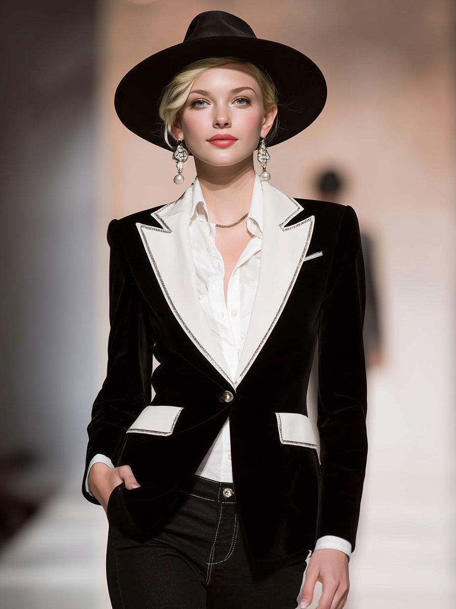 Stylish Black And White Contrasting Velvet Blazer