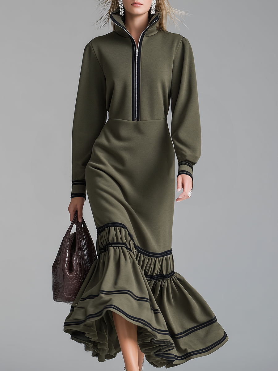 Fashionable And Casual Green Cotton Ruffled Maxi Dress