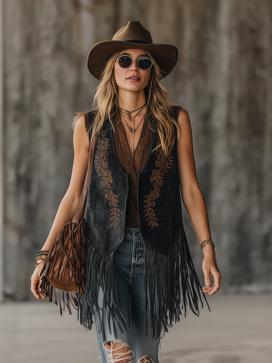 Retro Western-style Embroidered Fringed Black Faux Suede Vest