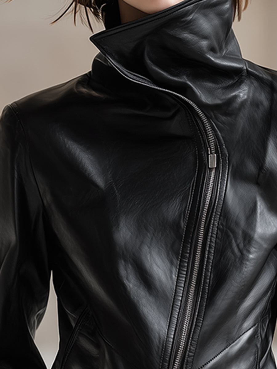 Personality And Fashion High Collar Oblique Zipper Black PU Jacket