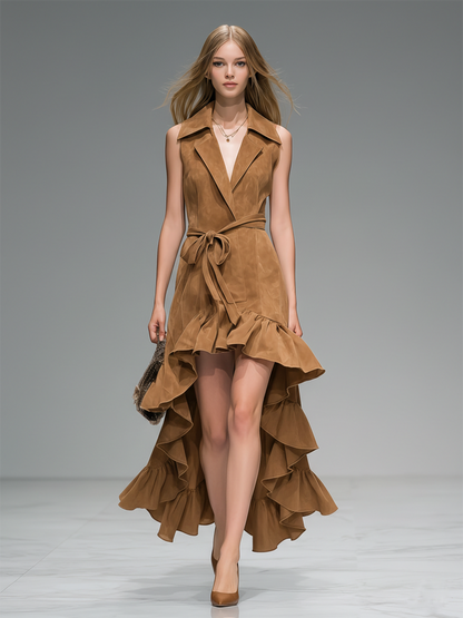 Fashionable Retro-style Collared Ruffled Sleeveless Faux Suede Maxi Dress