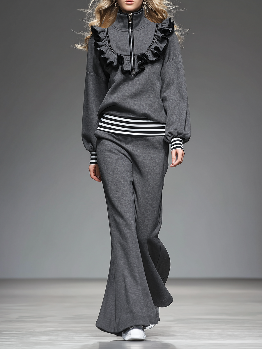 Elegant Sporty Ruffled Sweatshirt And Flared Pants Set