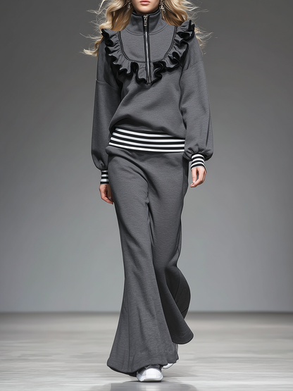Elegant Sporty Ruffled Sweatshirt And Flared Pants Set
