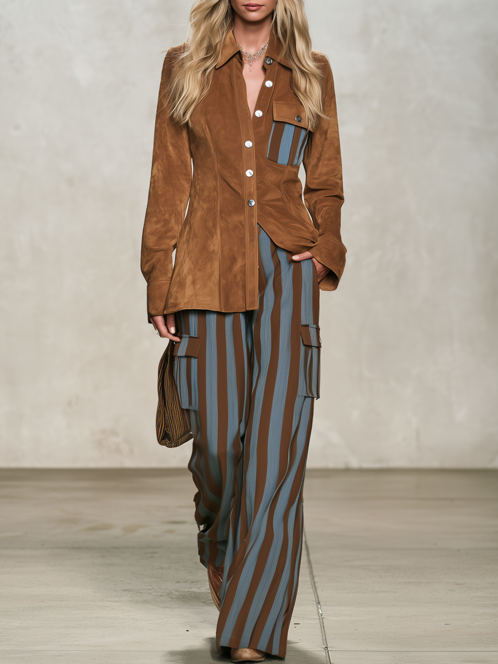 Retro-casual Elegant Faux Suede Shirt And Blue-and-brown Vertical Striped Trousers Set