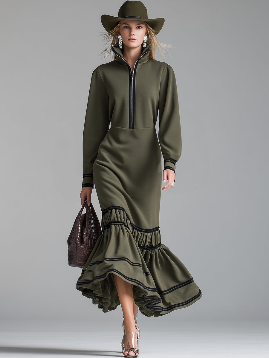 Fashionable And Casual Green Cotton Ruffled Maxi Dress
