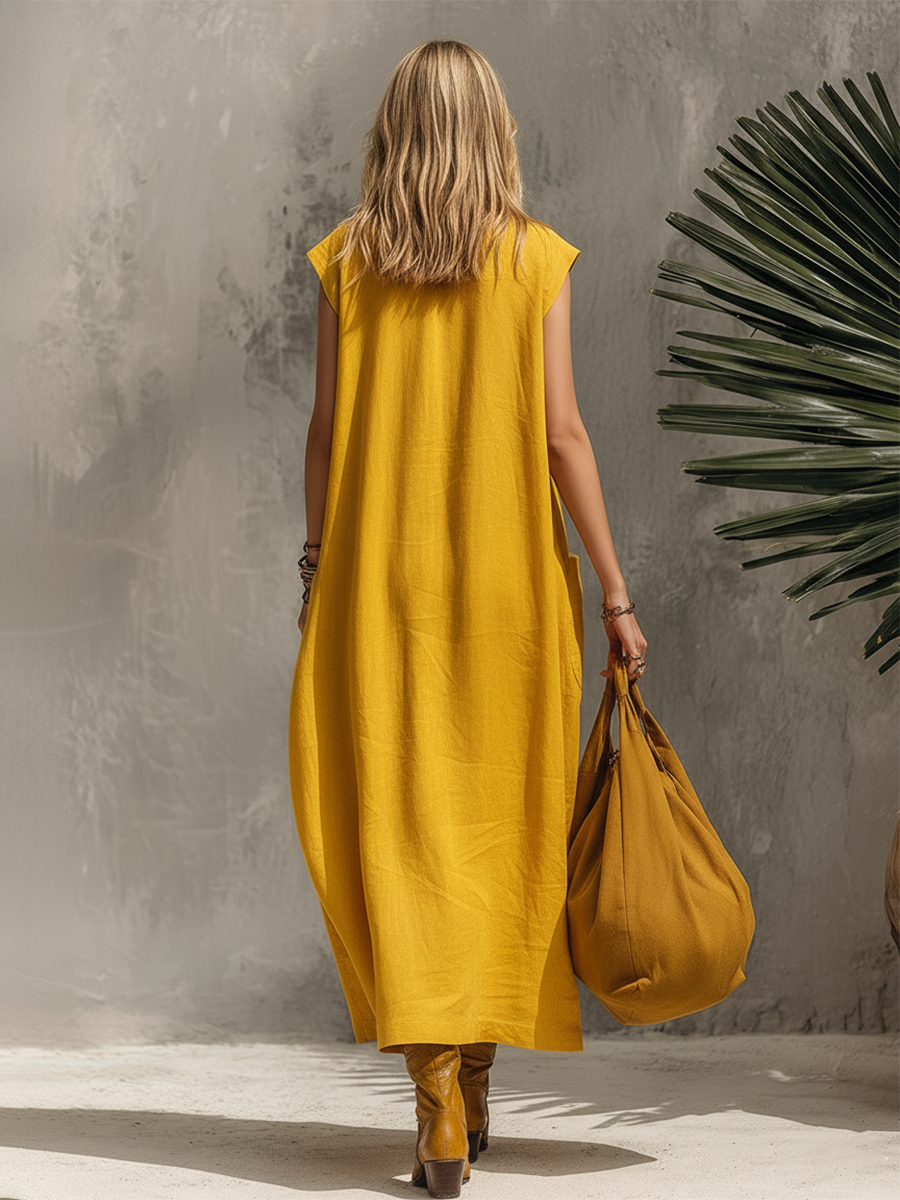 Vintage-style Vacation Collared Multi-pocket Sleeveless Cotton And Linen Maxi Dress