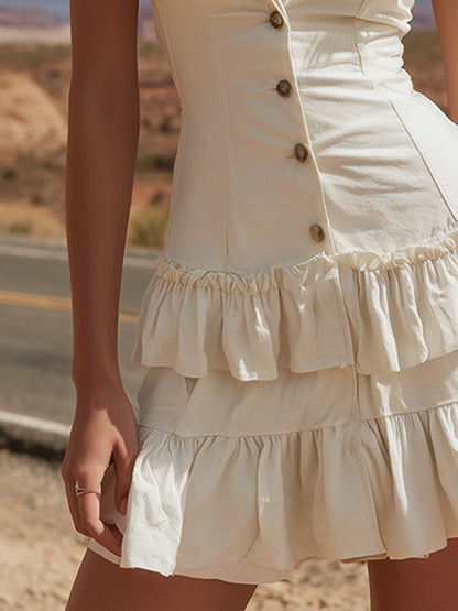 Trendy Retro Ruffled Off-white Denim Sleeveless Mini Dress
