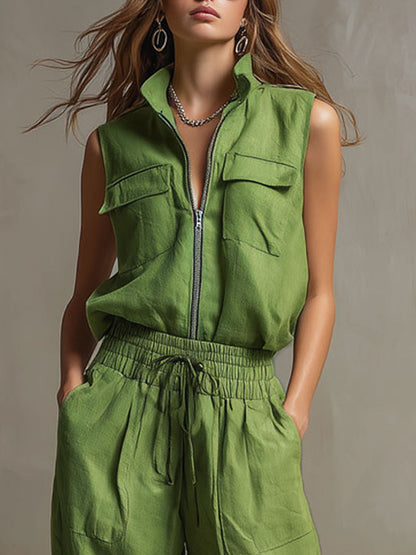 Casual Retro Green Cotton Linen Sleeveless Zip-up Shirt And Wide-leg Pants Set