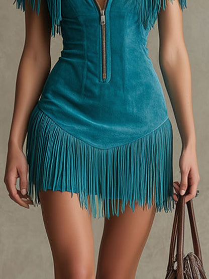 Western Retro Peacock Blue Faux Suede Hollow-Out Tassel Mini Dress