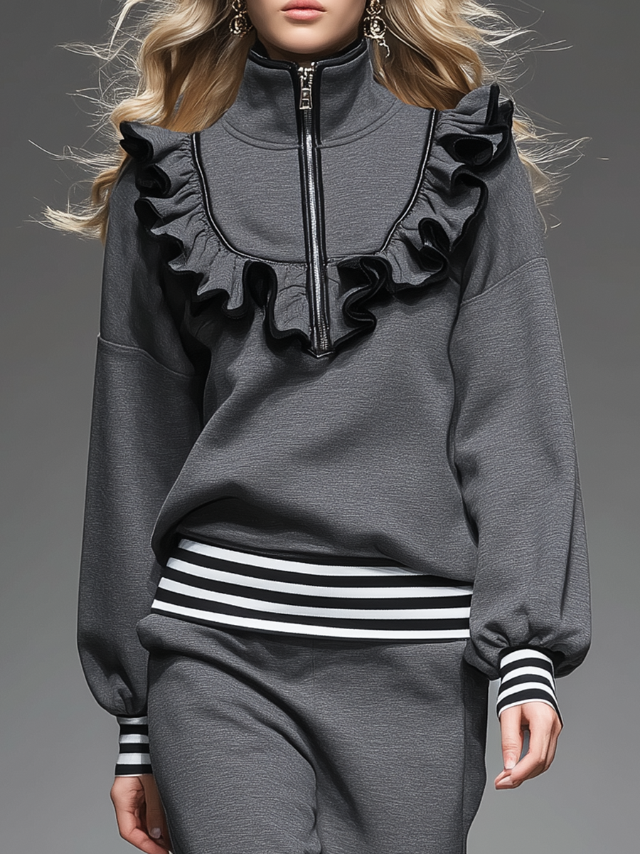 Elegant Sporty Ruffled Sweatshirt And Flared Pants Set
