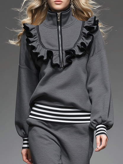 Elegant Sporty Ruffled Sweatshirt And Flared Pants Set