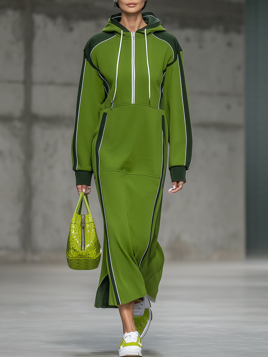 Sporty Dark Green Color-blocked Light Green And White Woven Ribbon Zipper Maxi Dress