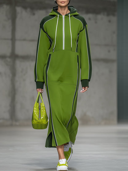 Sporty Dark Green Color-blocked Light Green And White Woven Ribbon Zipper Maxi Dress