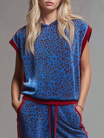 Leopard Print Hooded Sleeveless Top And Velvet Trousers Set