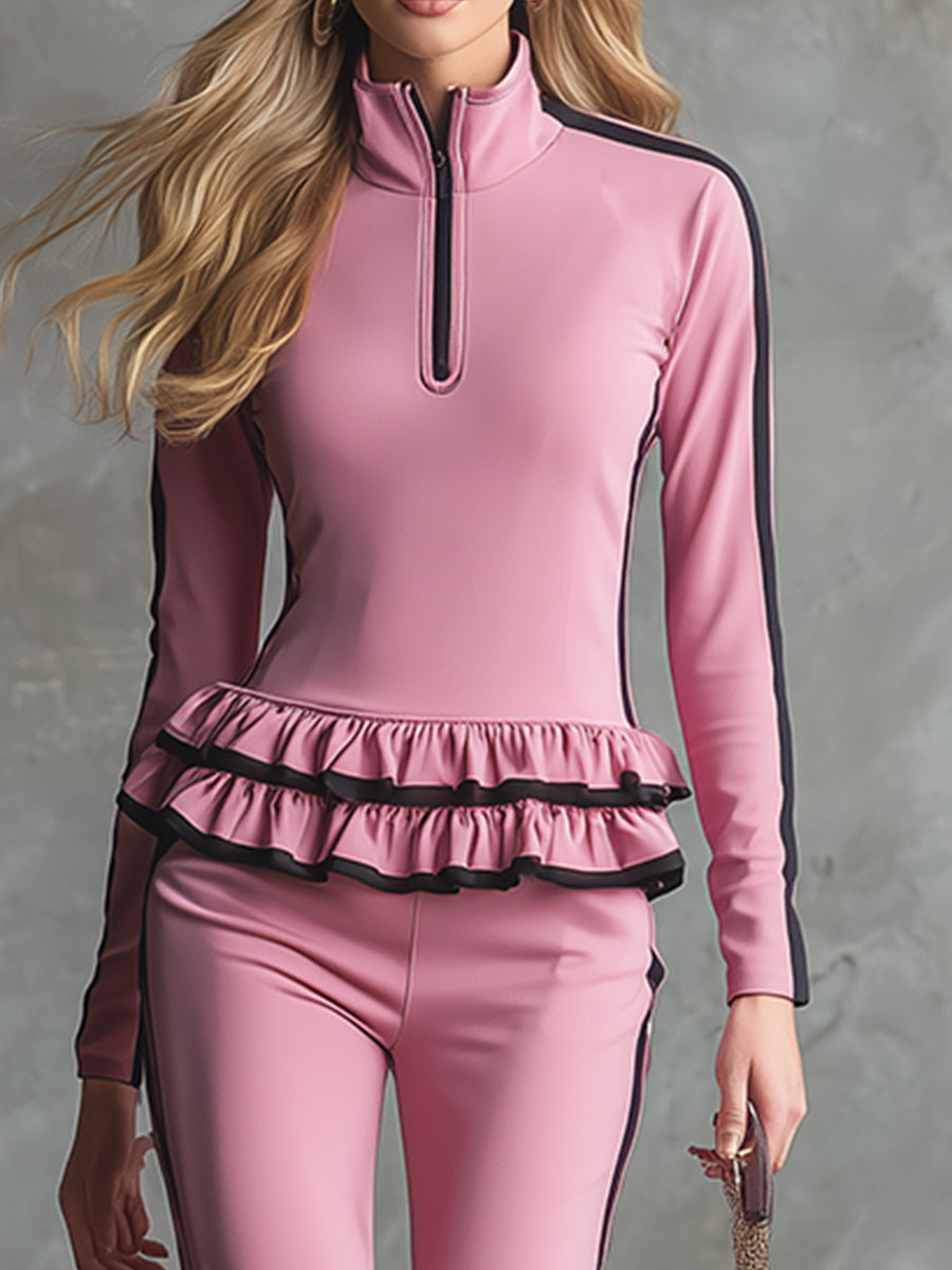 Elegant And Sporty Ruffled Pink T-shirt And Pants Set