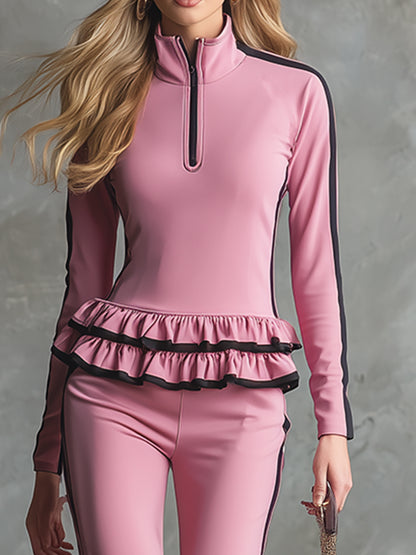 Elegant And Sporty Ruffled Pink T-shirt And Pants Set