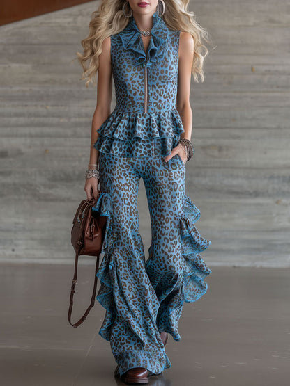 Retro Resort Leopard Print Blue Chiffon Sleeveless Ruffled Top And Flared Pants Set
