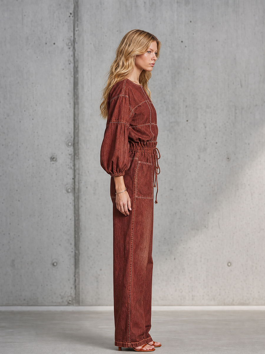 Retro Puff-sleeve Elastic-waist Wide-leg Denim Jumpsuit