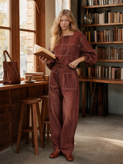 Retro Puff-sleeve Elastic-waist Wide-leg Denim Jumpsuit