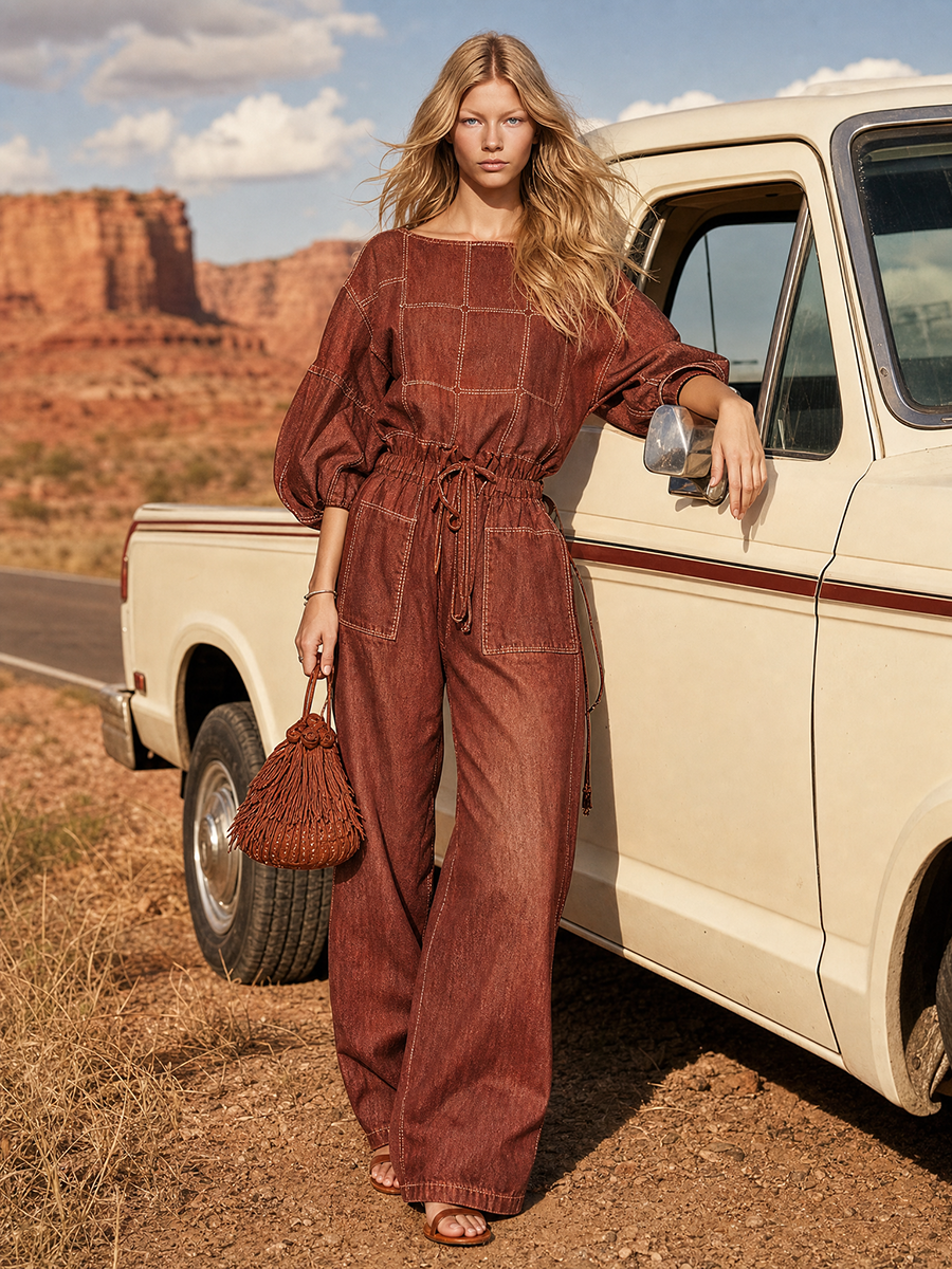 Retro Puff-sleeve Elastic-waist Wide-leg Denim Jumpsuit