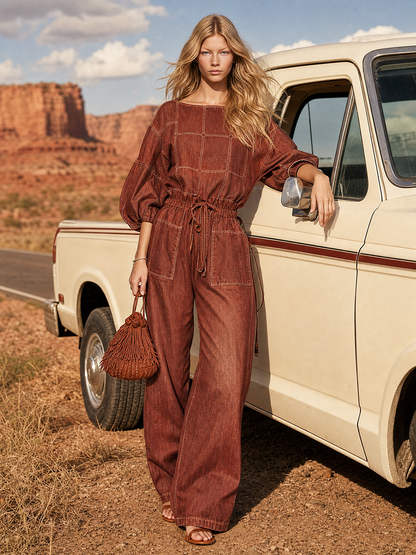 Retro Puff-sleeve Elastic-waist Wide-leg Denim Jumpsuit