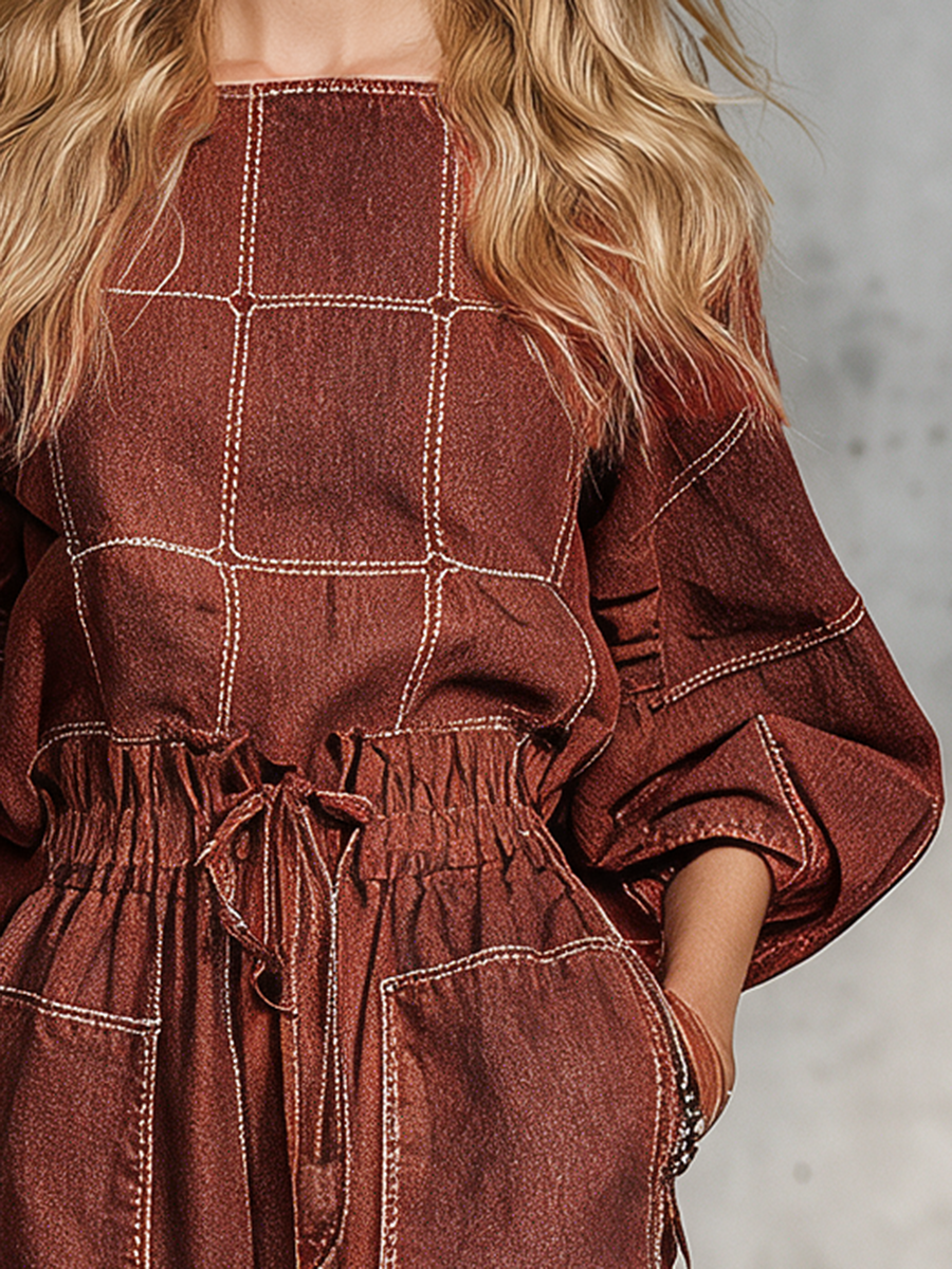 Retro Puff-sleeve Elastic-waist Wide-leg Denim Jumpsuit