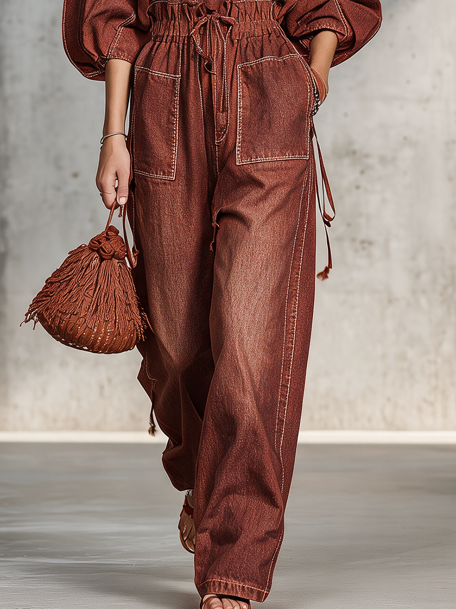 Retro Puff-sleeve Elastic-waist Wide-leg Denim Jumpsuit