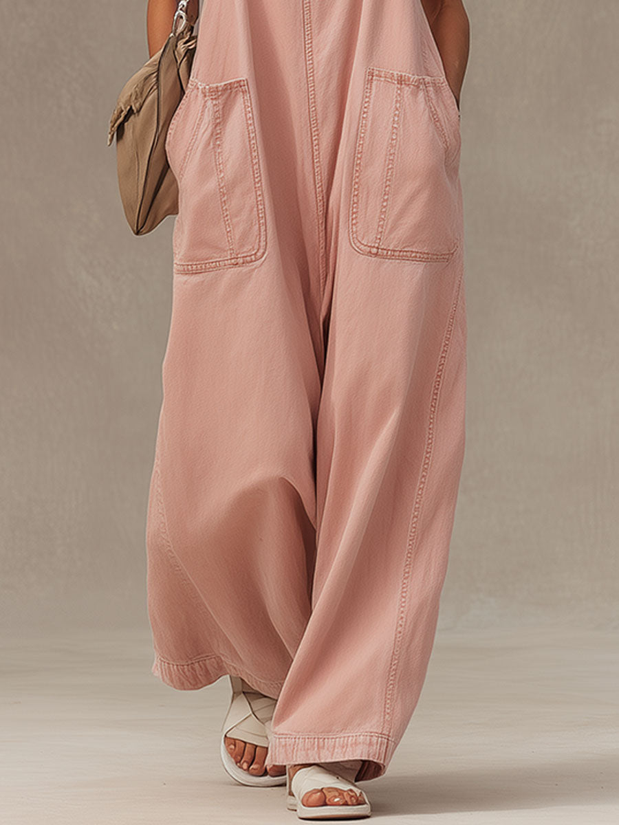 Stylish And Casual Pink Washed Denim Overalls