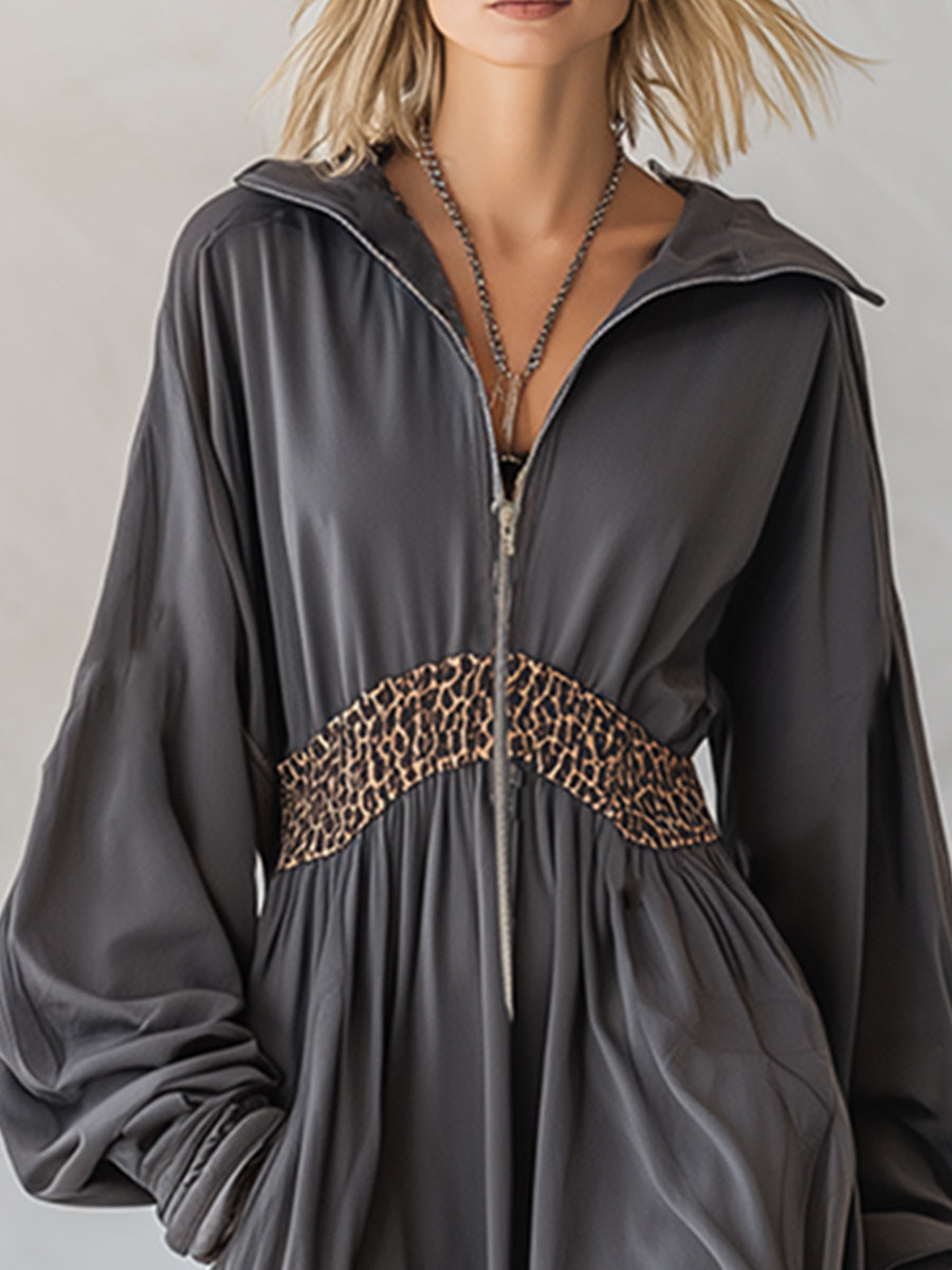 Casual Fit Leopard Print Trim Dark Gray Cotton Athletic Jumpsuit