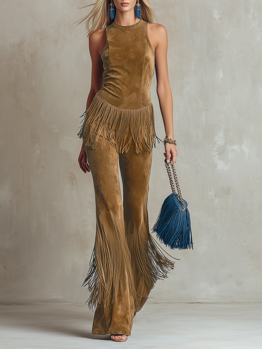 Elegant Vintage Light Brown Fringed Faux Suede Vest And Pants Set
