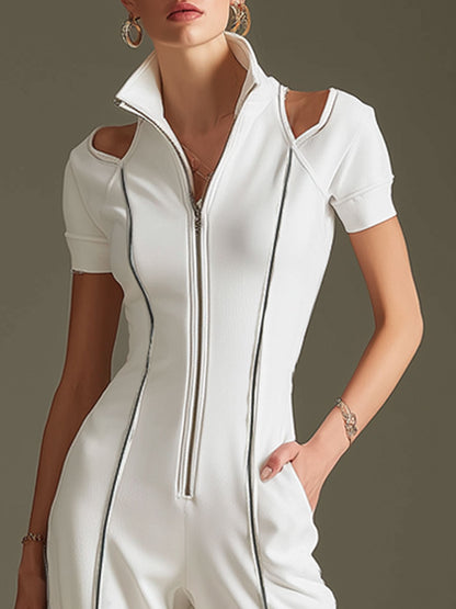 Sporty Retro Short-sleeved Openwork Ribbon White Cotton Blend Wide-leg Jumpsuit