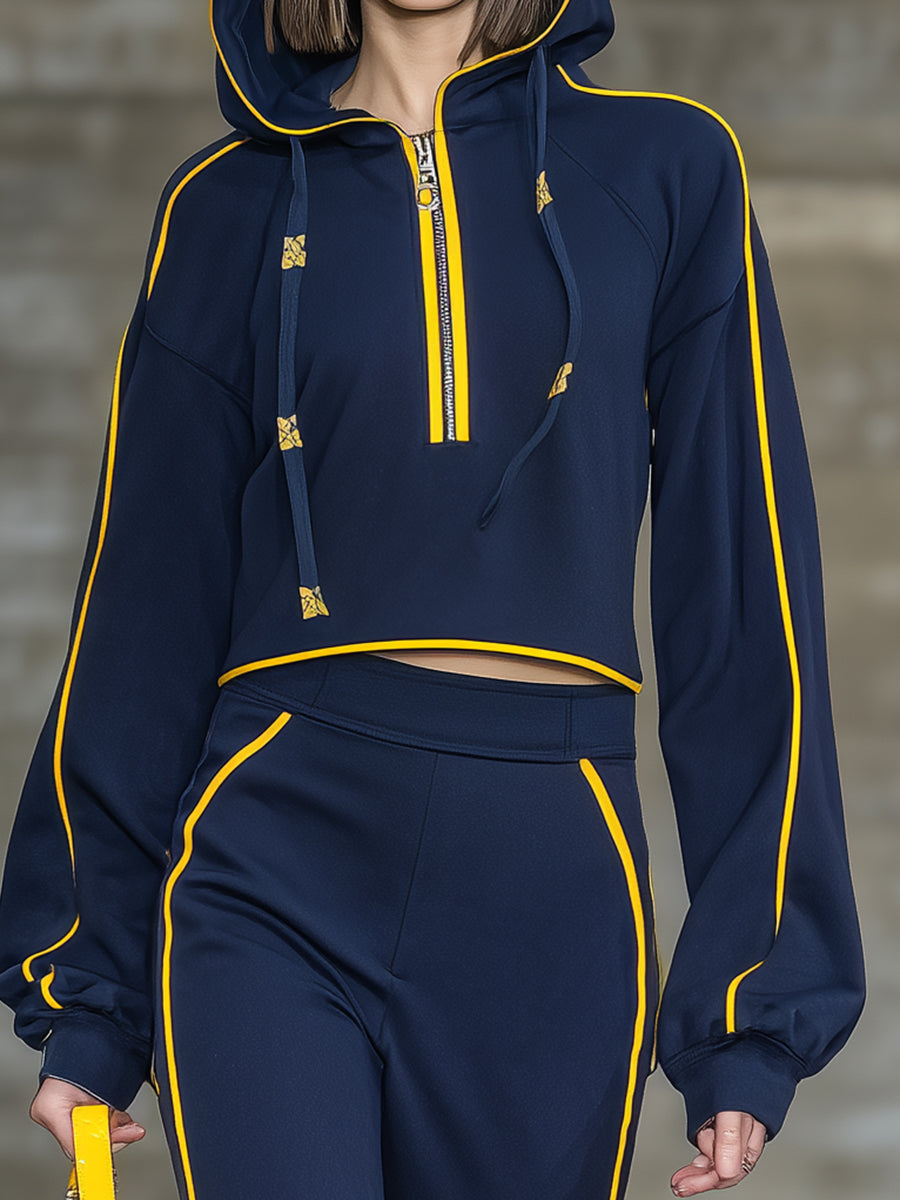 Casual Blue Hooded Top With Yellow Webbing Trim And Flared Trousers Set