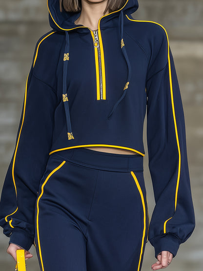 Casual Blue Hooded Top With Yellow Webbing Trim And Flared Trousers Set