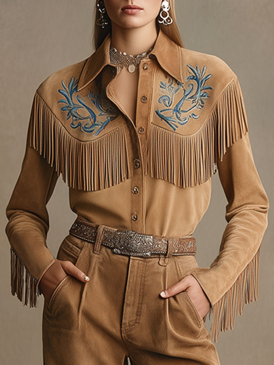Western-style Retro Embroidered Tassel Camel Faux Suede Long-sleeved Shirt