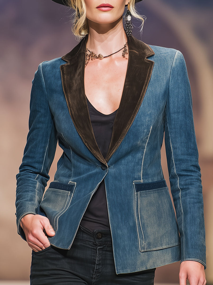 Stylish Retro Brown Collar Blue Denim Blazer