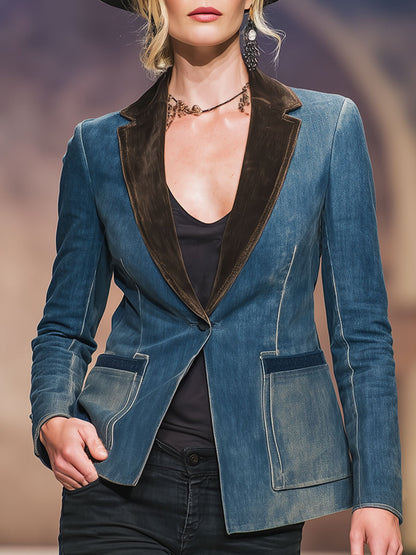 Stylish Retro Brown Collar Blue Denim Blazer