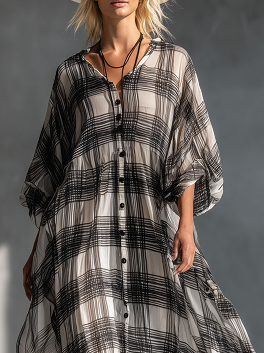 V-neck Button-down Plaid Print Chiffon Short-sleeved Maxi Dress