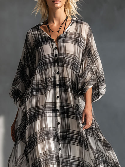 V-neck Button-down Plaid Print Chiffon Short-sleeved Maxi Dress
