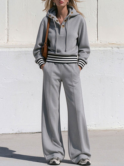 Retro Sporty Grey Cotton Eyelet Hoodie And Pants Set