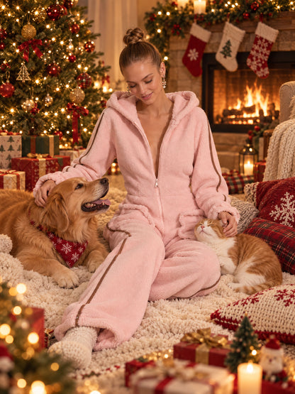 Casual Warm Fleece Color Block Long-Sleeved Hooded Jumpsuit