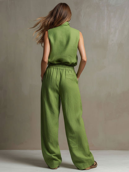 Casual Retro Green Cotton Linen Sleeveless Zip-up Shirt And Wide-leg Pants Set