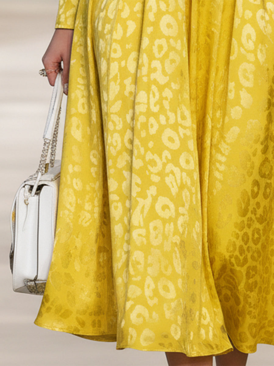 Elegant Yellow Leopard Print Round Neck With Belt Midi Dress