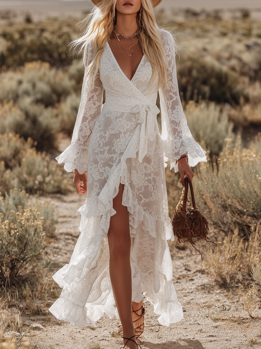Western-style Vintage V-neck Long-sleeved Ruffled Lace Maxi Dress