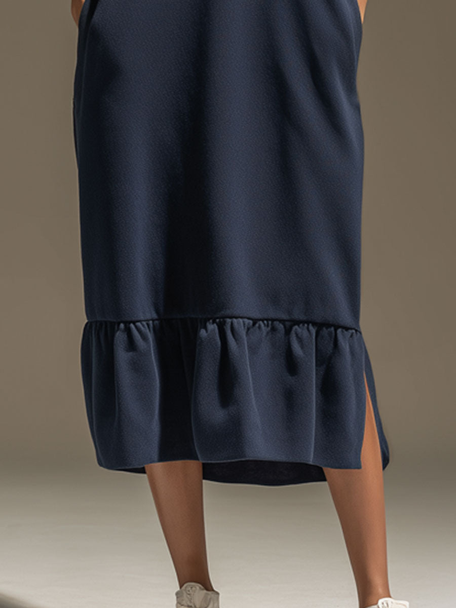Sporty Retro Hooded Striped Ruffled Navy Blue Cotton Sleeveless Midi Dress
