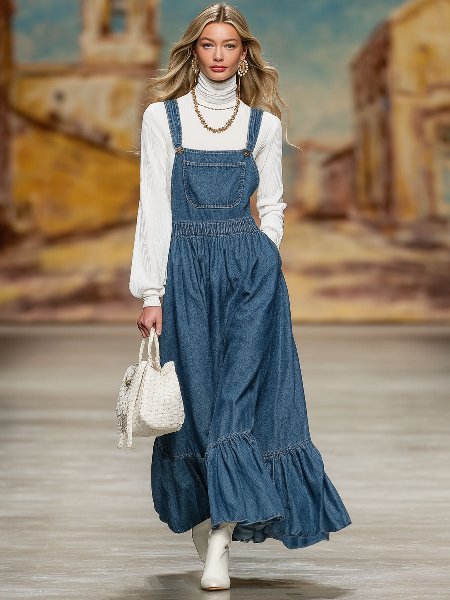 Retro Loose-fitting Pocket Ruffle Suspender Maxi dress